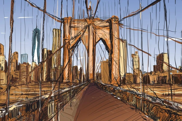 Brooklyn Bridge wallpaper, New York 0361 - Graphic design featuring the bridge with lines and buildings in the background.