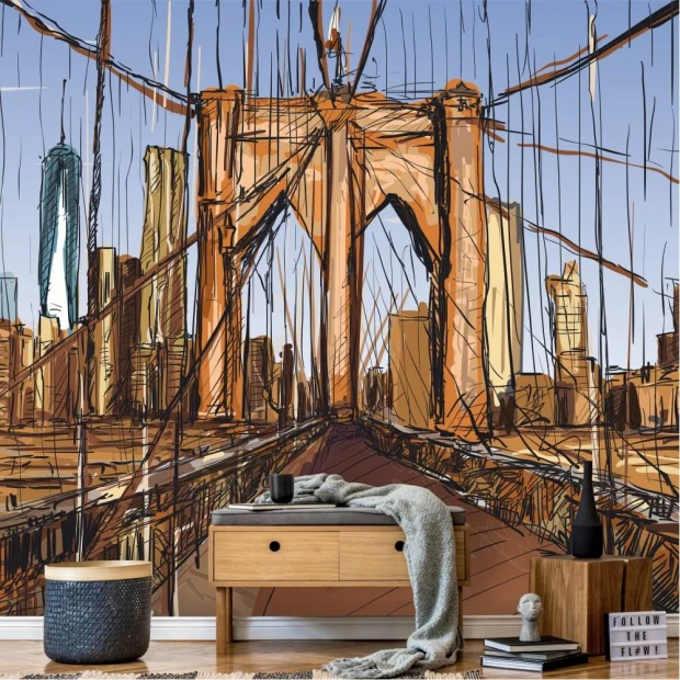 Brooklyn Bridge wallpaper, New York 0361 - Modern living room decor with light-colored walls and minimalist style.