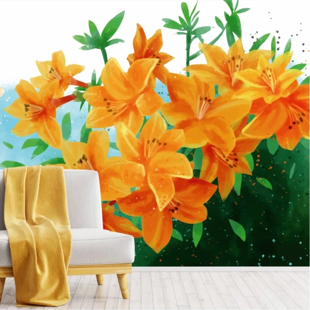 Azalea Wallpaper, Rhododendron 0366 - Graphic design with orange flowers on a green background.