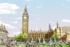Big Ben wall mural, London 0364 - Graphic design featuring Big Ben with green trees and people in the park.