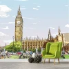 Big Ben wallpaper, London 0364 - Living room decor with light walls and modern green furniture.