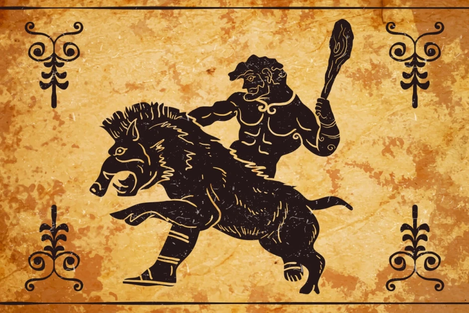 Hercules fighting the Erymanthian boar wall mural 0376 - Graphic design featuring Hercules with a club and a boar in motion.