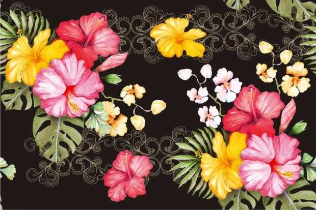 Hibiscus wallpaper with colorful flowers on a dark background, graphic design pattern 0344.