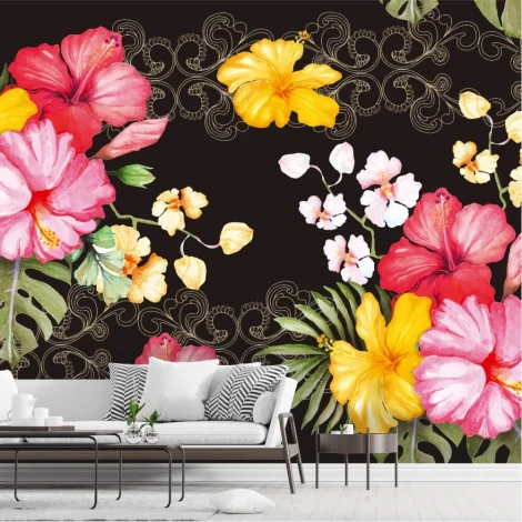 Hibiscus wallpaper with colorful flowers 0344 - Living room decor with dark walls and light-colored furniture.
