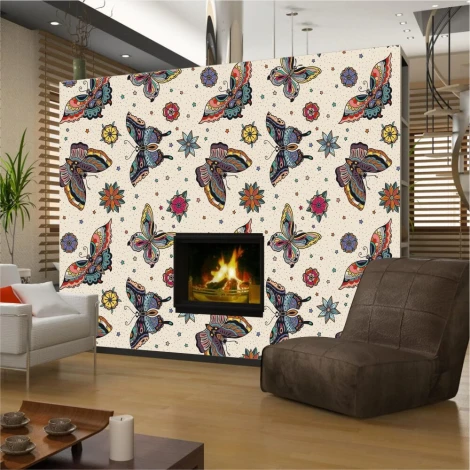Colorful butterflies wallpaper 0341 - Living room decor with light-colored walls and brown furniture.