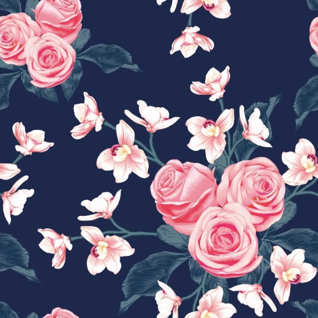 Floral wallpaper with blooming roses 0340 - Pink roses on a dark blue background with white accents.