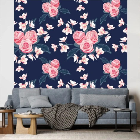 Blooming roses wallpaper 0340 - Living room arrangement. Dark wall, gray sofa.