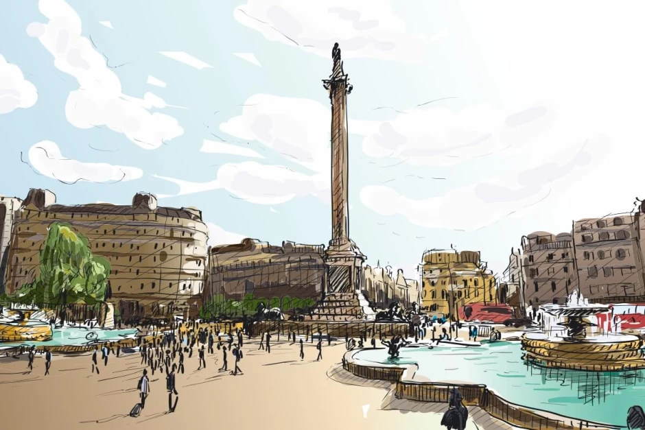 London wall mural, stroll among fountains 0367 - Graphic design featuring fountains, a column, and people.