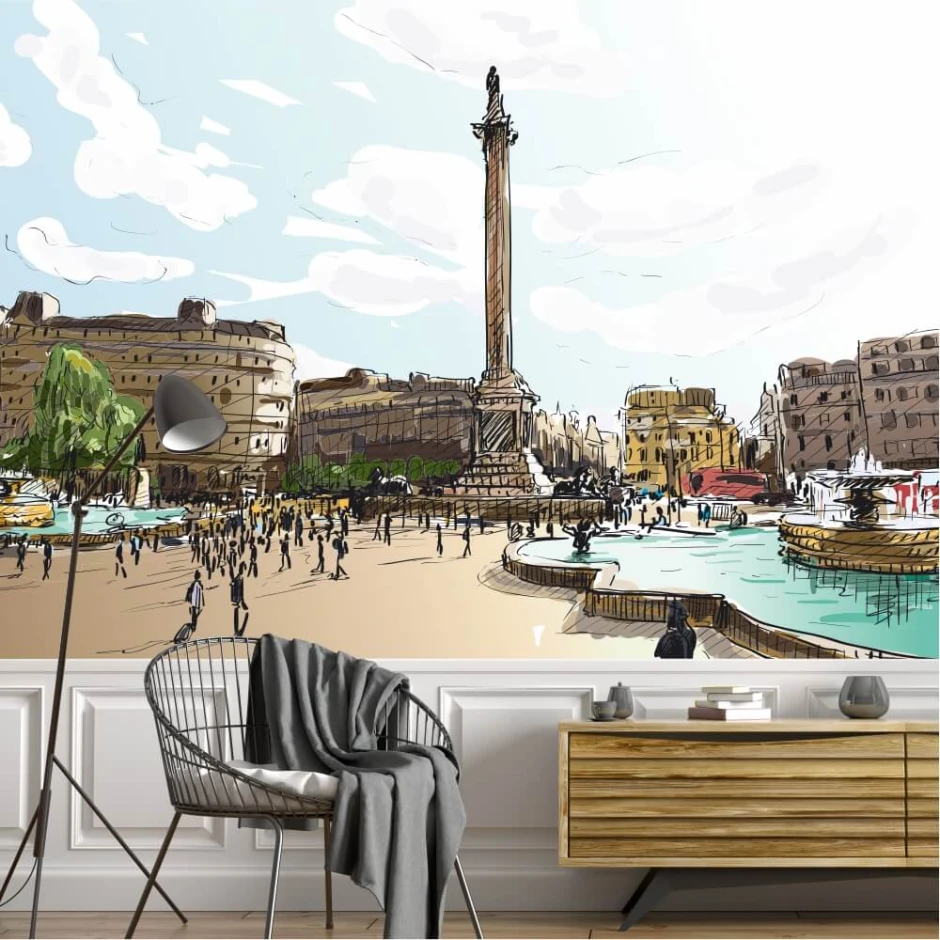 London wall mural, a stroll among fountains 0367 - Modern interior design with gray walls and wooden furniture.