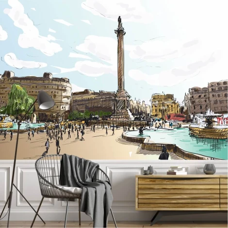 London wall mural, a stroll among fountains 0367 - Modern interior design with gray walls and wooden furniture.