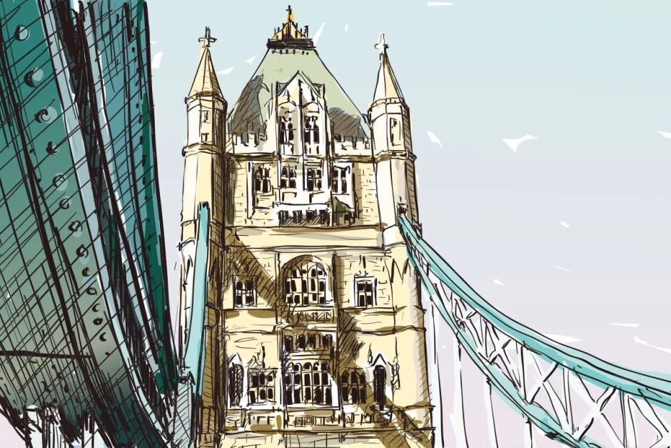 Tower Bridge wallpaper, London 0370 - Graphic design featuring the bridge with towers and cables in pastel colors.