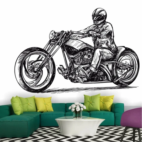 Motorcycle Wall Mural 0362 - Living room decor with light-colored walls and green furniture.