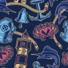 Nautical wallpaper 0343 featuring a graphic design of a lighthouse, fish, and crabs.