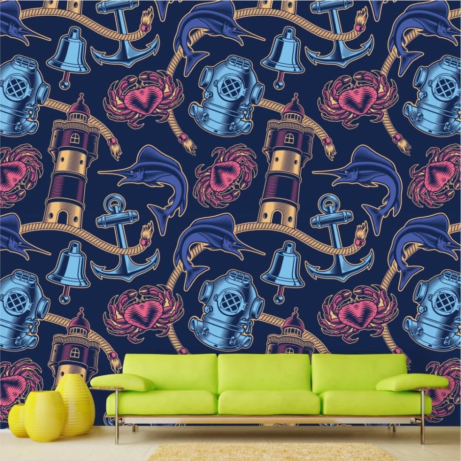 Nautical wall wallpaper 0343 featuring lighthouses, dolphins, anchors, and shells in a graphic design.