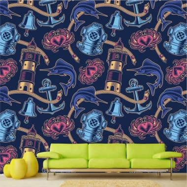 Nautical wall wallpaper 0343 featuring lighthouses, dolphins, anchors, and shells in a graphic design.