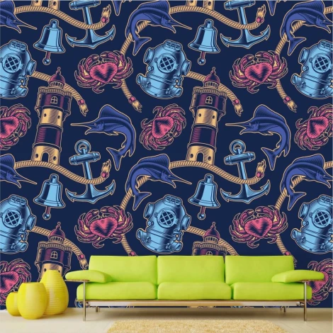 Nautical wall wallpaper 0343 featuring lighthouses, dolphins, anchors, and shells in a graphic design.
