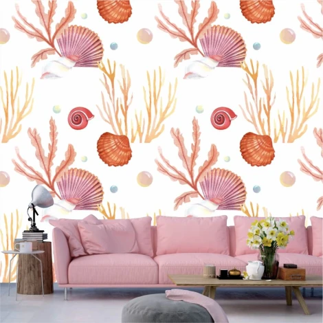Coral reef shell wallpaper 0327 - Living room decor with light-colored walls and a pink sofa.