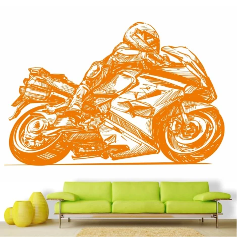 Racing motorcycle wall mural 0363 - Living room setup with a green sofa against a white wall featuring the graphic.