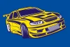Rally car wallpaper 0352 - Graphic design featuring a yellow car on a blue background.