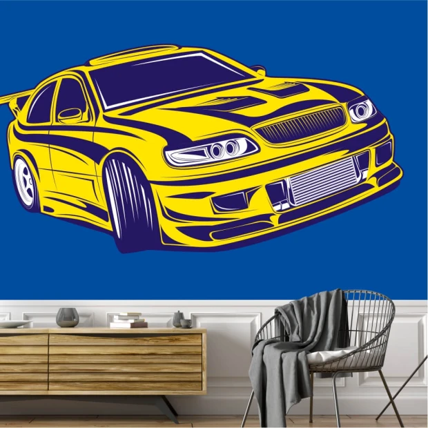 Rally car wallpaper 0352 - Graphic design featuring a yellow sports car on a blue background.
