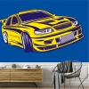 Rally car wallpaper 0352 - Graphic design featuring a yellow sports car on a blue background.