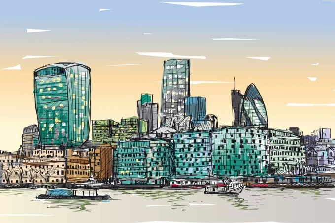 Thames wallpaper, London panorama 0371 - Graphic design featuring modern buildings by the river.