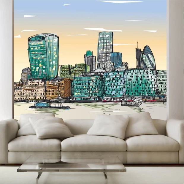 Thames wallpaper, London panorama 0371 - Modern living room decor with light-colored walls and furniture.