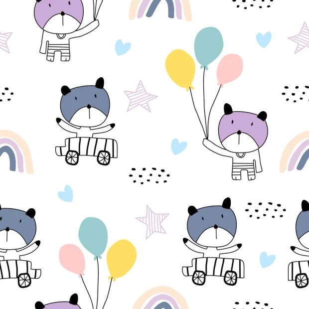 Wall wallpaper featuring cheerful bears with balloons, rainbows, and stars, design 0360.