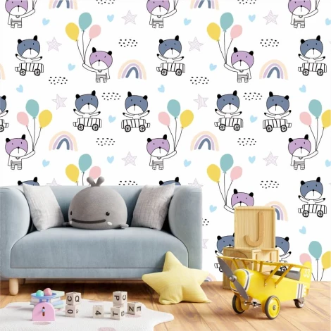 Wall wallpaper featuring cheerful bears with balloons, rainbows, and stars - Graphic design 0360.