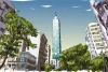 Wallpaper featuring Taipei skyscrapers 0369 - A graphic design of a skyscraper surrounded by trees and buildings.