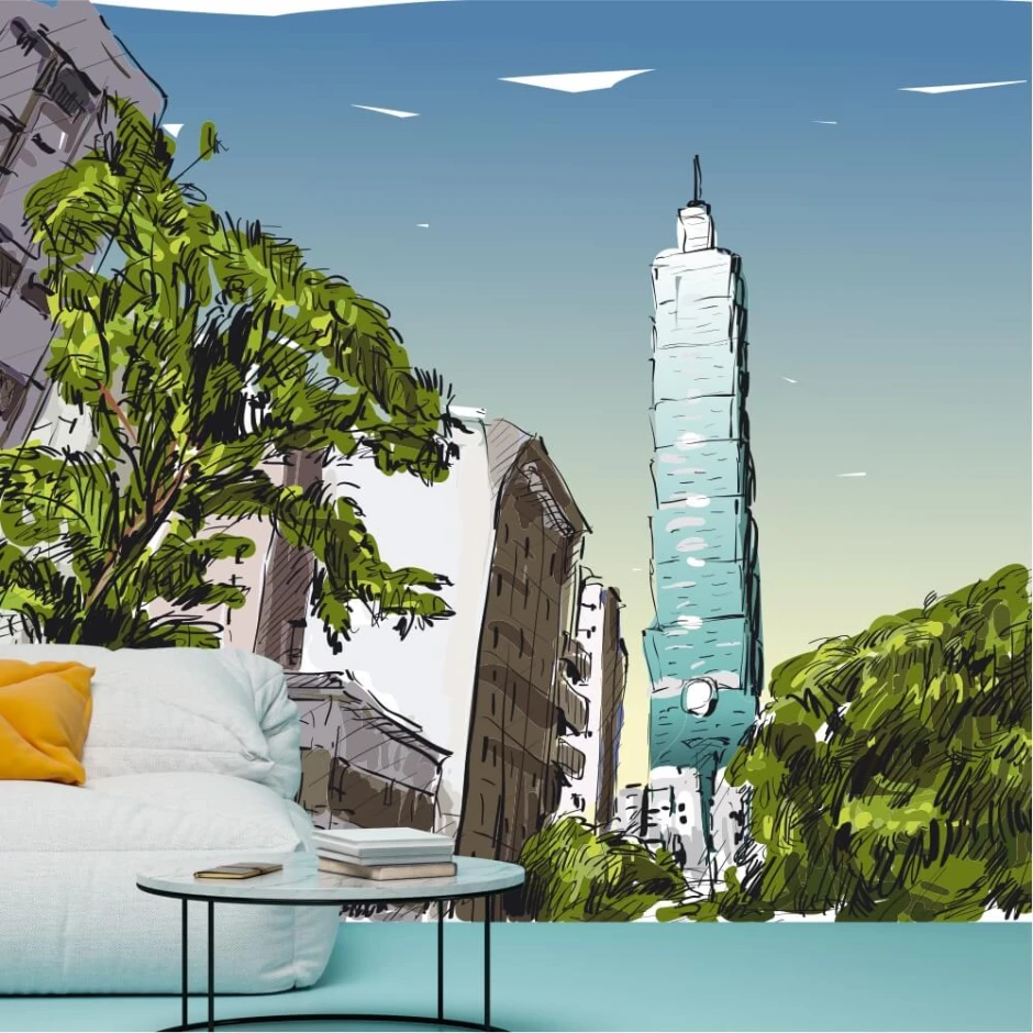 Wallpaper featuring Taipei skyscrapers 0369 - Living room arrangement with light walls and modern furniture.