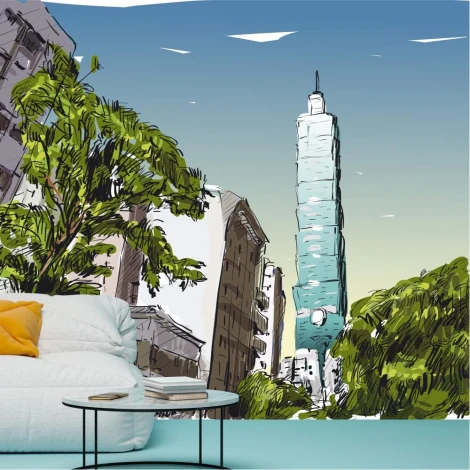 Wallpaper featuring Taipei skyscrapers 0369 - Living room arrangement with light walls and modern furniture.