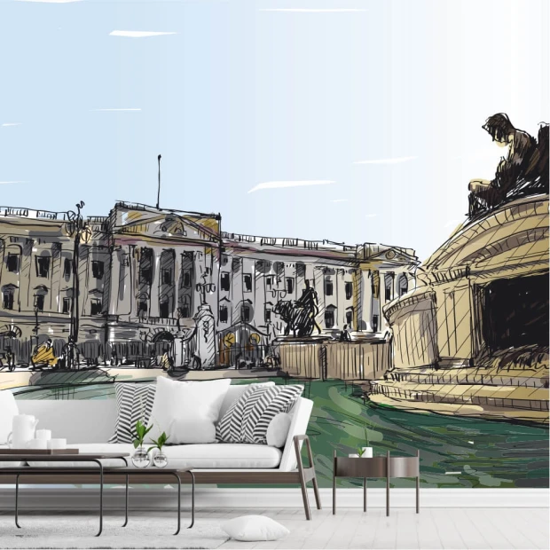 London Landmarks Wallpaper 0368 - Living room decor with light-colored walls and modern furniture.