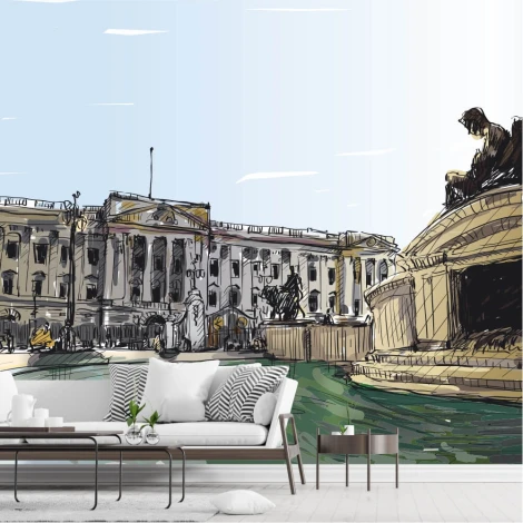 London Landmarks Wallpaper 0368 - Living room decor with light-colored walls and modern furniture.