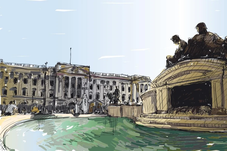 London Landmarks Wallpaper 0368 - Graphic design featuring a building with columns and a fountain.