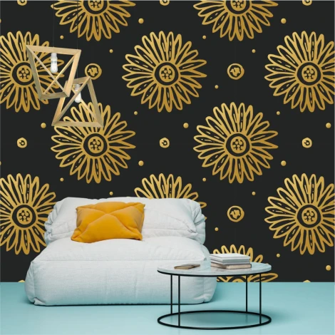 Gold flower wallpaper 0335 - Living room decor with dark walls, light furniture, and geometric lighting.