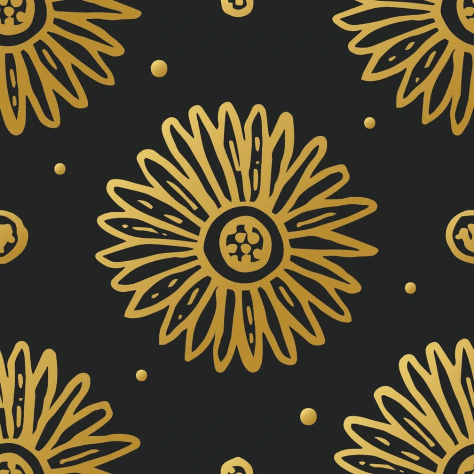 Wall wallpaper Golden Flowers 0335 - Graphic pattern with gold flowers on a black background and detailed circular shapes.