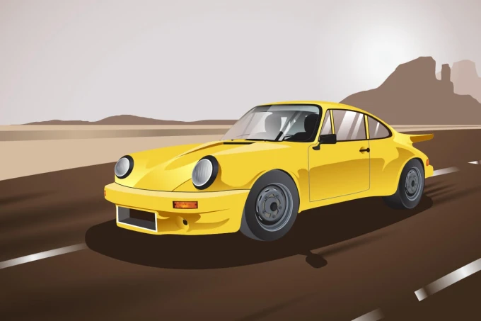 Yellow classic sports car wallpaper 0354 - Graphic design featuring a yellow car on the road with mountains in the background.