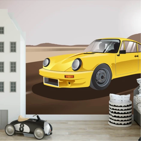 Yellow classic sports car wallpaper 0354 - Room decor with a house and toy car. Light-colored walls.