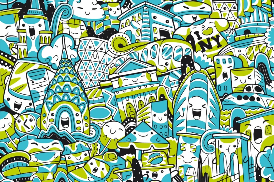 New York wallpaper, abstract city skyline 0372 - Graphic design. Colorful buildings and smiling figures.
