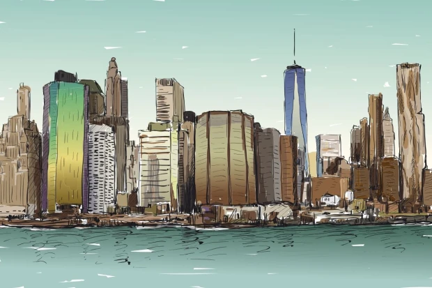New York wallpaper, city skyline 0345 - Graphic design featuring a sketched skyline with buildings in various shapes and colors.