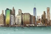New York wallpaper, city skyline 0345 - Graphic design featuring a sketched skyline with buildings in various shapes and colors.