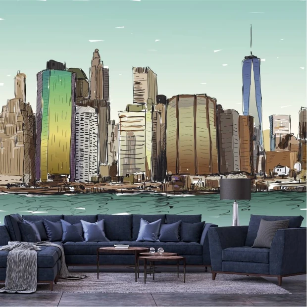 New York wallpaper, city panorama 0345 - Living room setup. Gray walls, dark furniture, and table.