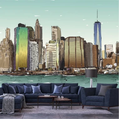 New York wallpaper, city panorama 0345 - Living room setup. Gray walls, dark furniture, and table.