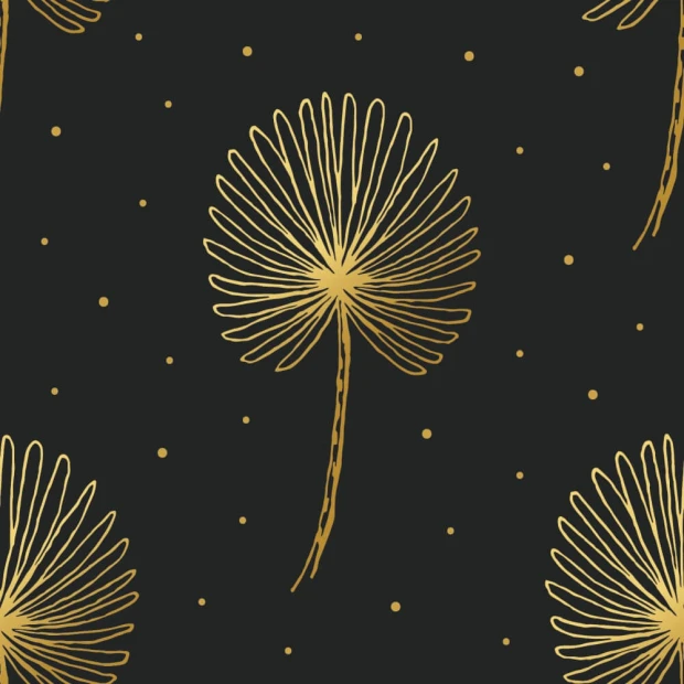 Wall wallpaper Golden Dandelions 0329 - Graphic pattern. Golden dandelions on a black background with small dots.
