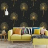 Gold dandelion wallpaper 0329 - Living room design with dark walls and light-colored furniture.