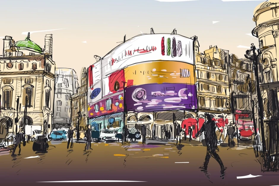 Wallpaper Street View of Central London 0365 - Graphic design featuring a street with buildings and advertisements.