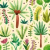 Tropical Jungle Wallpaper 0336 - Graphic design with plants in various shapes and colors on a light background.