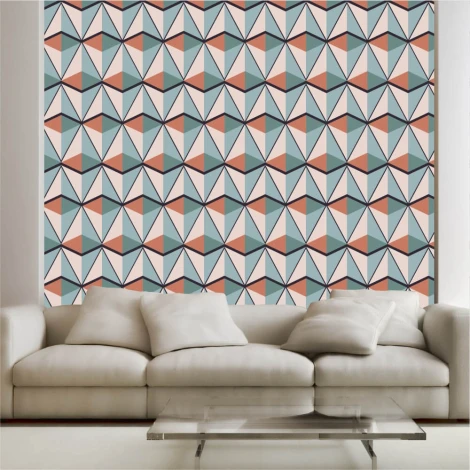 Vintage geometric pattern wallpaper 0342 - Living room decor with light walls in pastel colors.