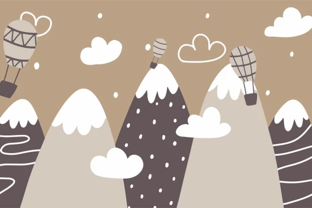 Children\'s wallpaper featuring mountains, balloons, and clouds in Scandinavian style 0396 - Graphic design.